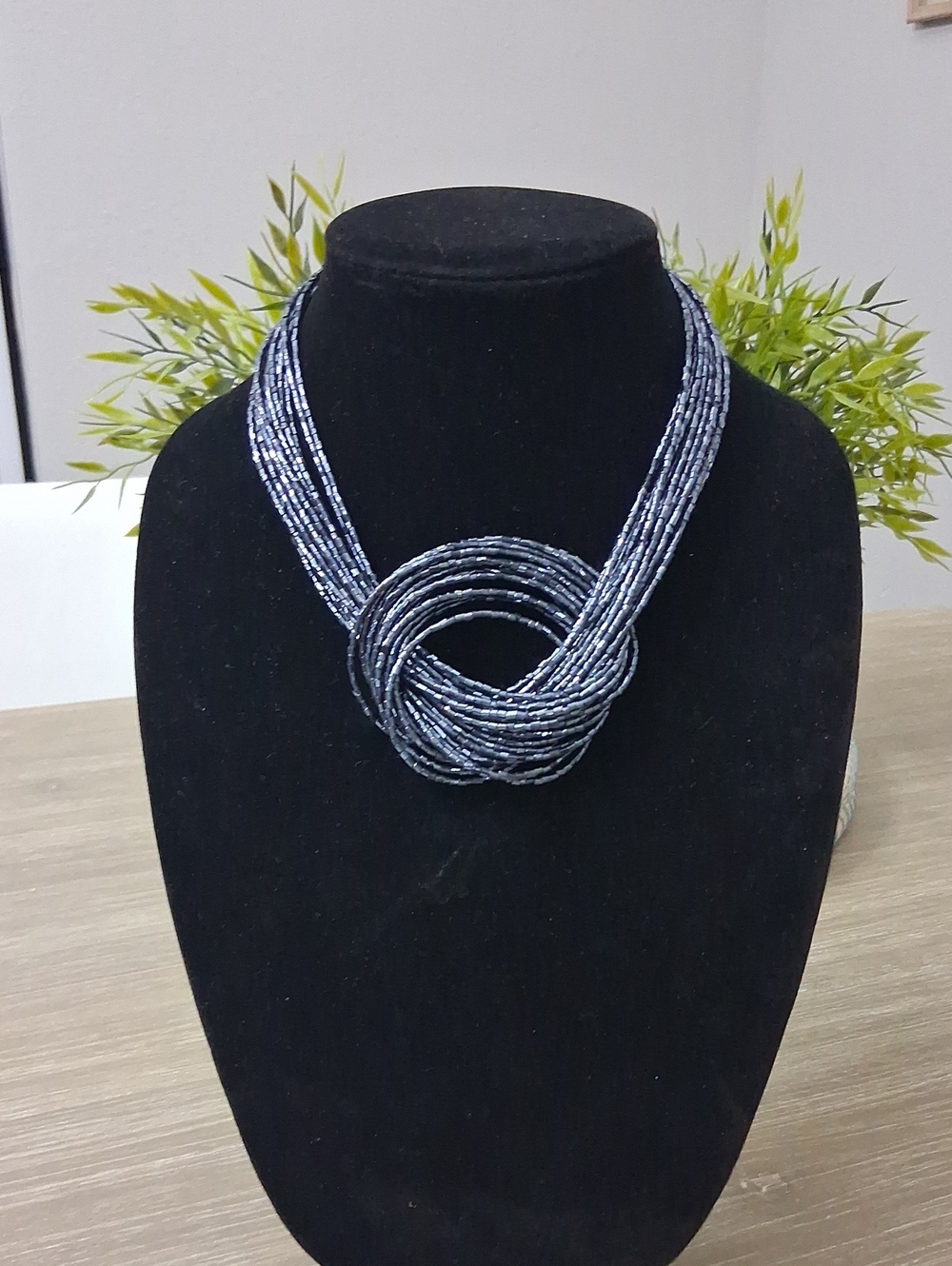 Vintage Blue Beaded Statement Collar Necklace Knot Design